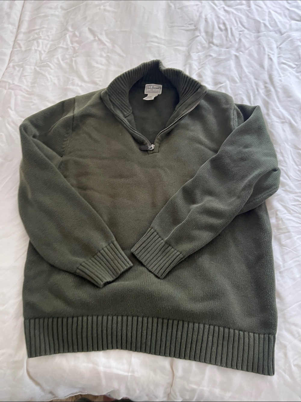 LL Bean Classic Olive Shawl-Collar Quarter Zip Men’s  Sweater